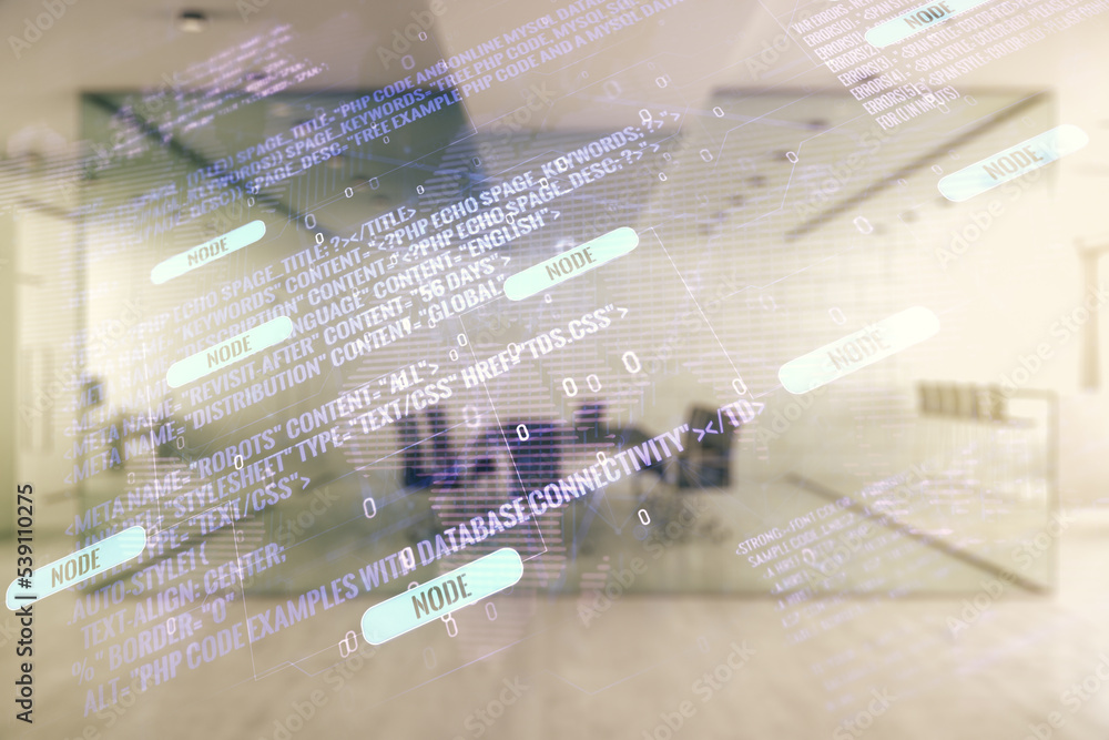 Aufkleber Double exposure of abstract programming language hologram and world map on modern corporate office background, research and development concept