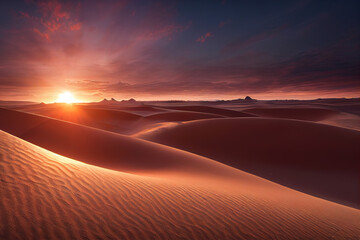 Breathtaking Sahara Desert panorama with golden sand dunes under a vibrant sunset sky, perfect for...