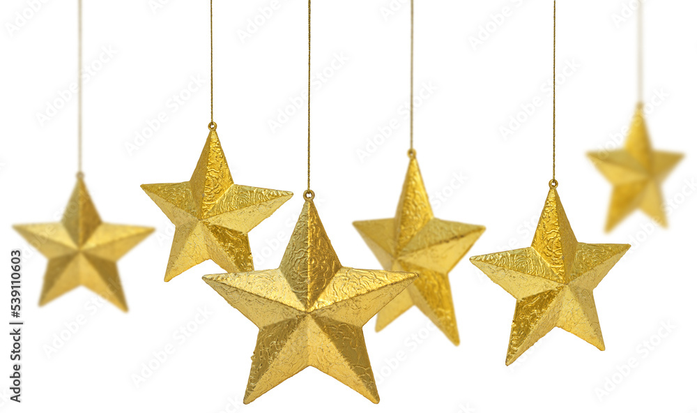 Wall mural six golden christmas decoration stars hanging isolated