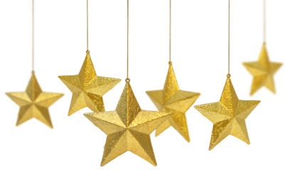Six golden Christmas decoration stars hanging isolated