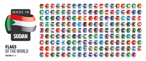 A set of vector icons with flags of countries and with the inscription made in