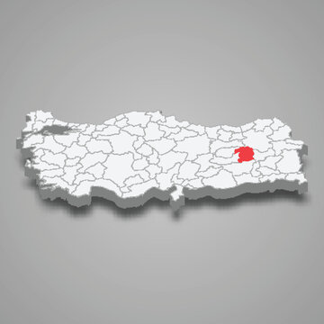 Bingol region location within Turkey 3d map