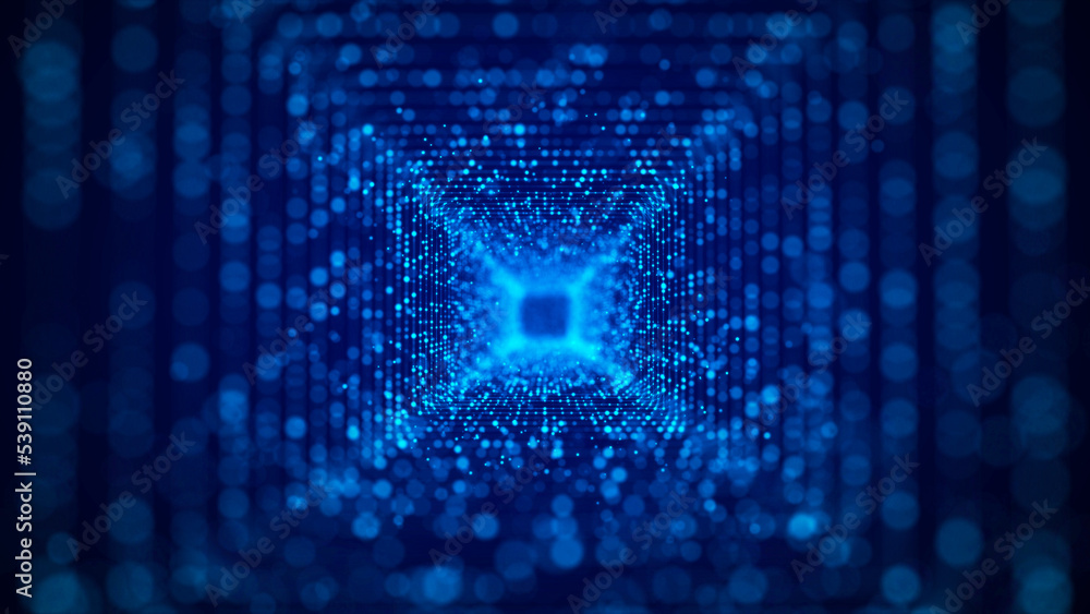 Poster futuristic cubic tunnel consisting of a flow of particles in cyberspace. futuristic 3d portal. digit