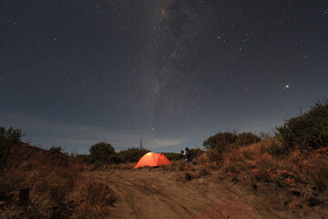 High iso image of tent and milkyway trail with  grained picture under the star . Night shots photography