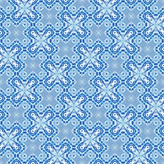 Blue white watercolor azulejos tile background. Seamless coastal geometric floral mosaic effect. Ornamental arabesque all over summer fashion damask repeat