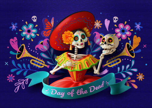 3D Day of the Dead card of Catrina