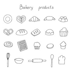 Baking and tableware set vector illustration, hand drawing doodles