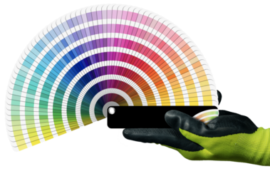 Manual worker with protective work glove holding a pantone color swatches isolated on transparent or white background, photography, png.