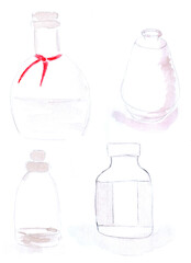 Watercolor set container, bottle, pharmacy. Art decoration, sketch. Illustration hand drawn modern