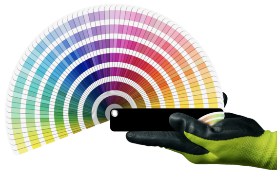 Manual worker with protective work glove holding a pantone color swatches isolated on transparent or white background, photography, png.