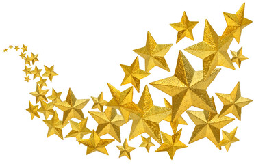 Group of many golden Christmas decoration stars flow flying isolated