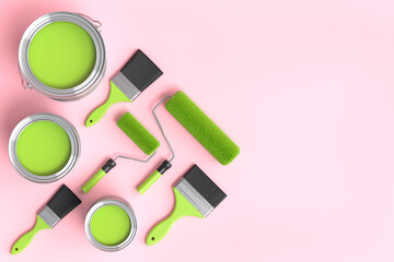 Set of metal cans or buckets with paint rollers and brushes on pink background.
