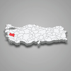 Manisa region location within Turkey 3d map
