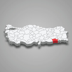 Mardin region location within Turkey 3d map