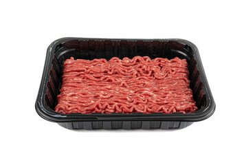 Mince Meat, Ground Beef, Uncooked Mincemeat in Plastic Container Isolated