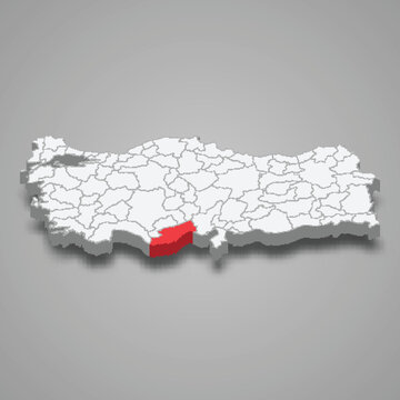 Mersin region location within Turkey 3d map