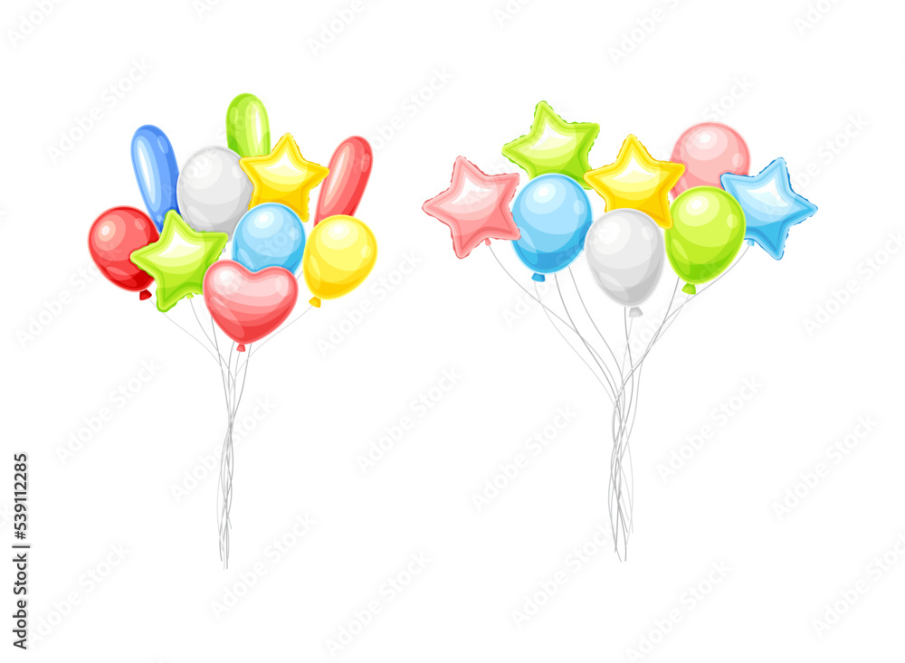 Poster bunch of colorful balloons inflated with helium on strings vector set