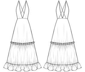 womens v neck long prom dress, evening gown with open back fashion flat sketch vector illustration, front and back view technical drawing template. cad mockup.