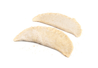 Raw Flat Pie Isolated, Raw Turnover with Filling, Stuffed Chebureki,