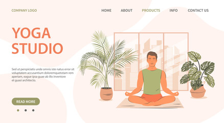 Young man in yoga posture doing meditation, mindfulness practice, spiritual discipline. Concept of yoga school, sport, stress relief, physical and mental health. Vector illustration.