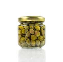 Pickled Capers in Glass Jar Isolated. Marinated Caper Buds, Small Salted Capparis