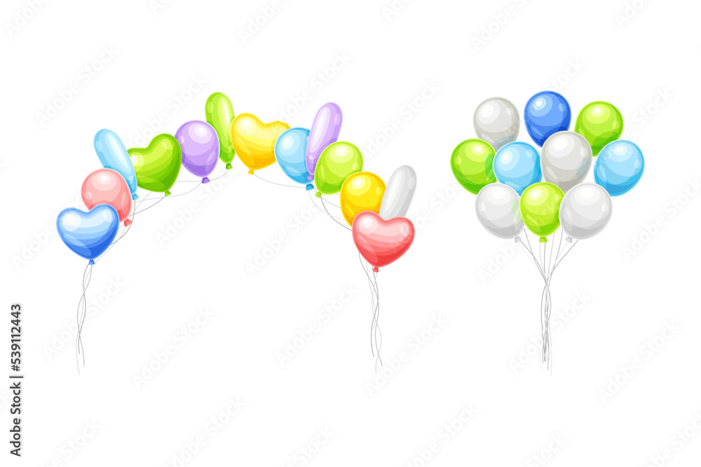 Poster bunch of colorful balloons inflated with helium on strings vector set