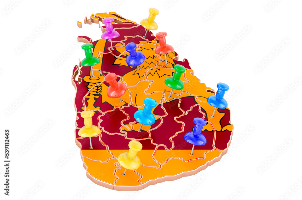 Poster map of sri lanka with colored push pins, 3d rendering