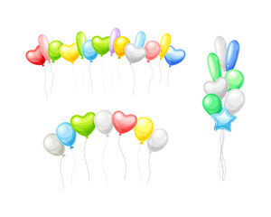 Bunch of Colorful Balloons Inflated with Helium on Strings Vector Set