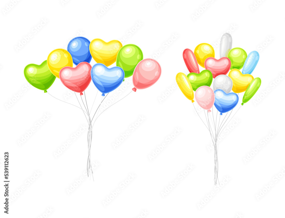 Poster bunch of colorful balloons inflated with helium on strings vector set