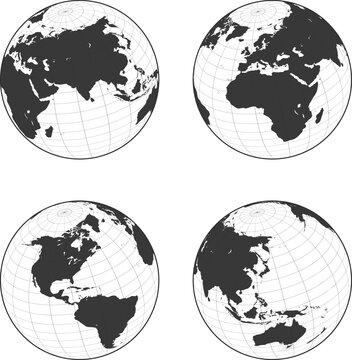 Earth wireframe flat globe icons. earth hemispheres with continents. vector world map set.