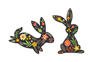 Black Easter Rabbit with Flowers and Floral Decoration Inside Vector Set