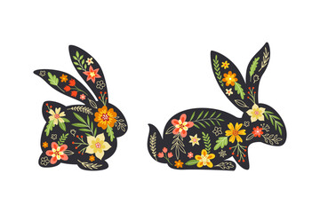 Black Easter Rabbit with Flowers and Floral Decoration Inside Vector Set