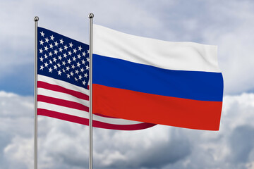 American and Russian flag on sky background. 3D illustration