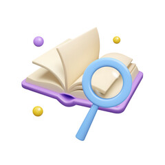3d search icon. Magnifying glass with open book vector render illustration, isolated on white background - 539113257