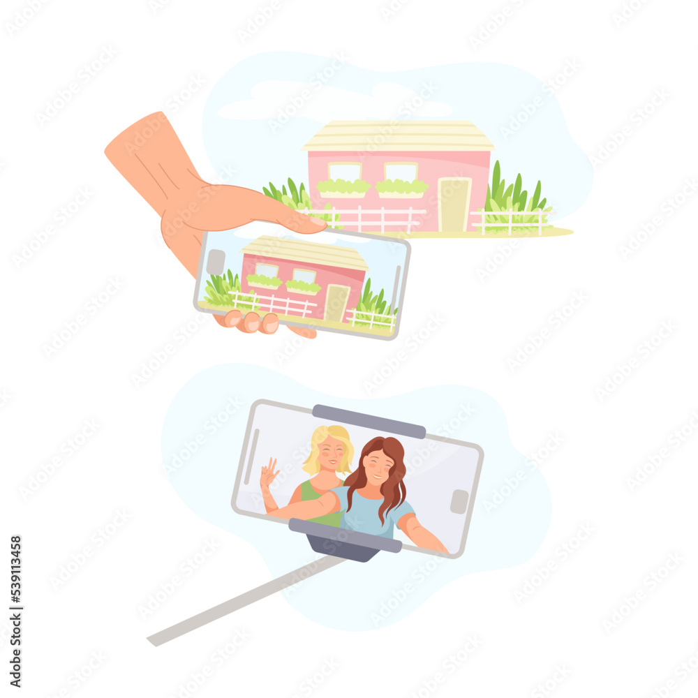 Poster smartphone with hand and selfie stick recording video with camera filming picture on screen vector s