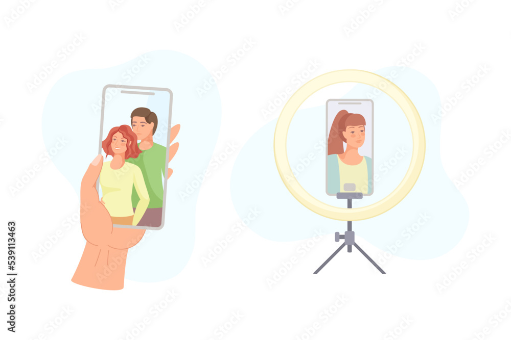 Poster hand holding smartphone and on tripod recording video with camera filming picture vector set