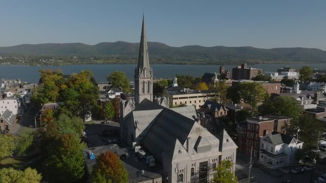 flying clockwise around historic church in Newburgh New York