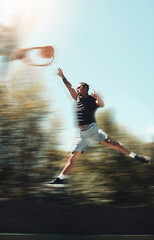 Fototapeta na wymiar Basketball, sports and goals with man and jump in park court training for fitness, health and workout. Energy, action and exercise with athlete in playing game for competition, wellness and winning