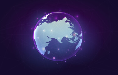Blue Earth globe. World map. Planet with continents. Vector Technology, Connection and communication Illustration. dark background