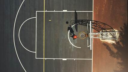 Top view, basketball court or man scoring goals in fitness workout, training or exercise for...