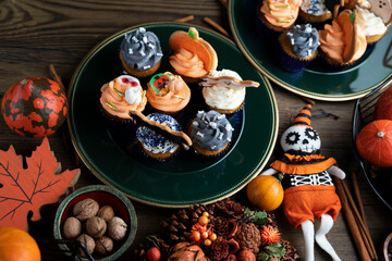 Halloween background  concept. Cookies and decorations prepared for Halloween.