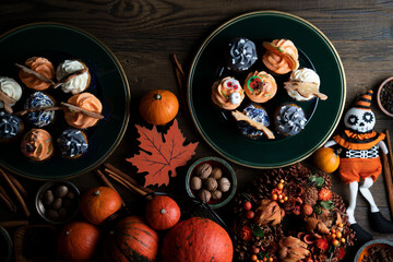 Halloween background  concept. Cookies and decorations prepared for Halloween.