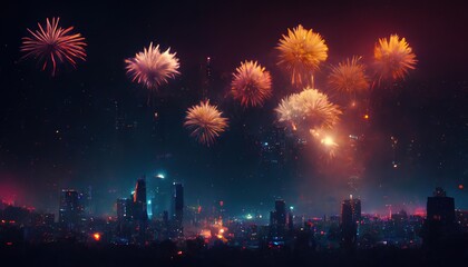 Fototapeta na wymiar Realistic colorful explosion of fireworks over the night city landscape stylized image generated by artificial intelligence. Holiday concept. 