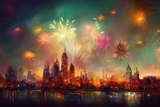 Realistic colorful explosion of fireworks over the night city landscape stylized image generated by artificial intelligence. Holiday concept. 