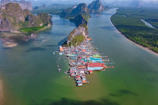 Aerial view of Ko Panyi or Koh Panyee muslim fishing village in Phang Nga Province, Thailand