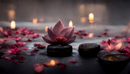 Abstract interior spa  background  with candles, rose, petals and  lotuses.  Ai generated.
