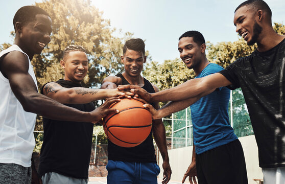 Basketball Court Teamwork, Support And Motivation Of Healthy Competition, Social Game Or Happy Friends Outdoor. Athlete Group Celebration, Solidarity And Sports Partnership Of Winner, Trust And Goals