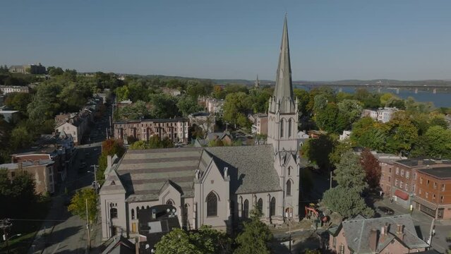alt flying clockwise around historic church in Newburgh New York