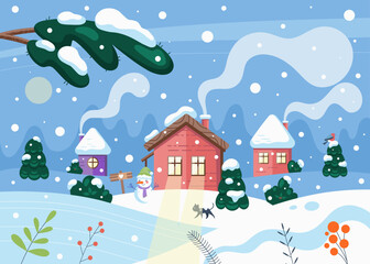 Winter cute landscape with christmas cozy houses, snowy forest and snowman. Vector snowfall, cat, village houses, cozy frosty evening.