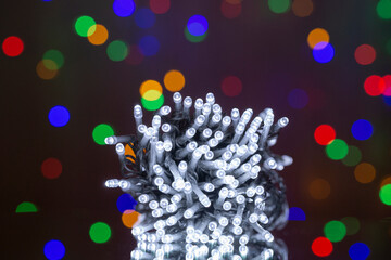  LED string lights. Party holiday christmas decoration lights. Close up christmas LED lighting